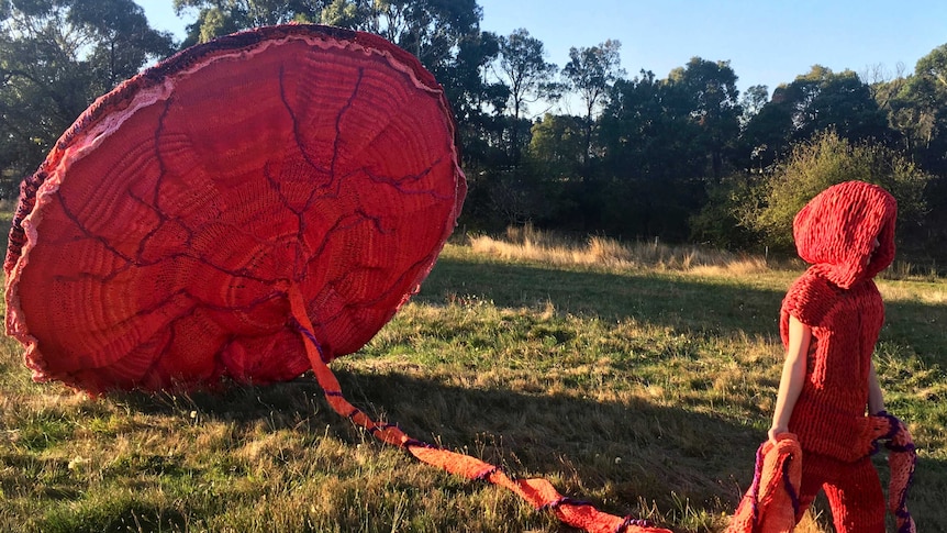 A giant knitted placenta made of red dyed t-shires in a paddock with a person dressed in the same material