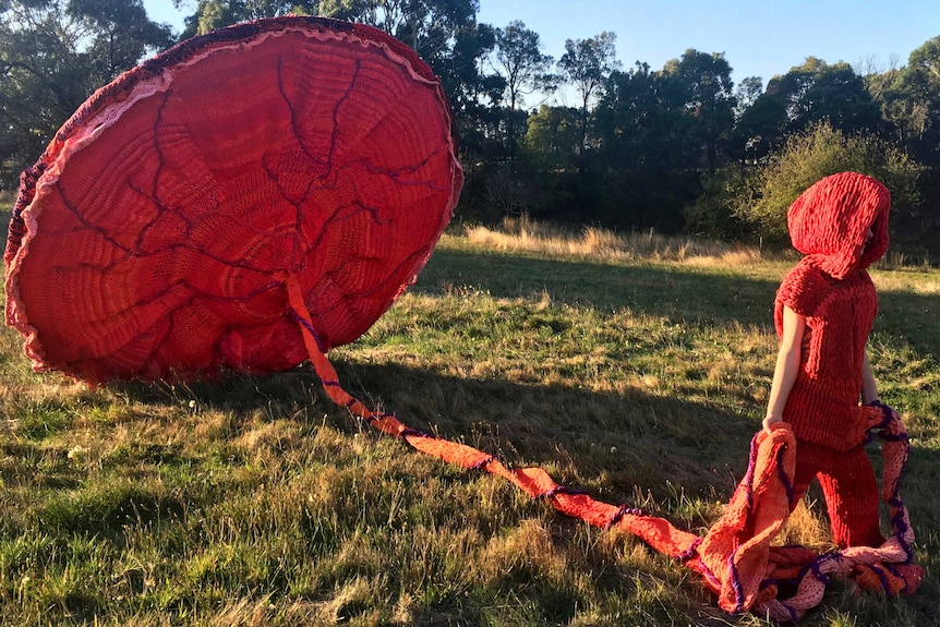 A giant knitted placenta made of red dyed t-shires in a paddock with a person dressed in the same material