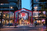 A concept image for a new Chinatown in Melbourne showing a huge two floor glass building with red neon lights.