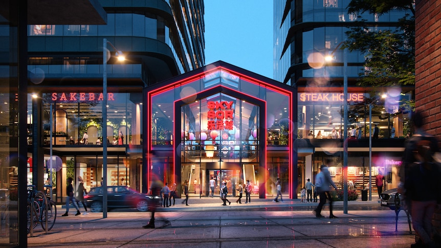 A concept image for a new Chinatown in Melbourne showing a huge two floor glass building with red neon lights.