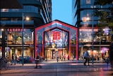 A concept image for a new Chinatown in Melbourne showing a huge two floor glass building with red neon lights.