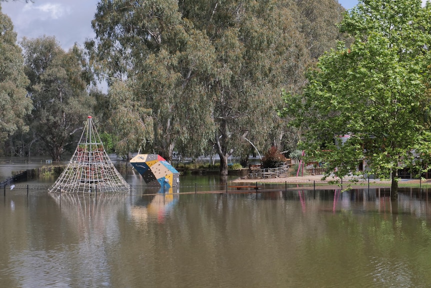 Un patio de recreo está mayormente sumergido en agua de inundación.