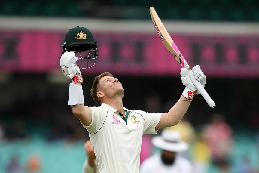 A batsman raises his eyes skywards, holding his bat and helmet in the air after a century.