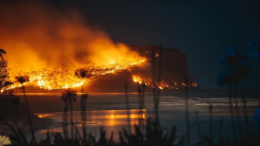 A bush fire engulfs Durras North headland