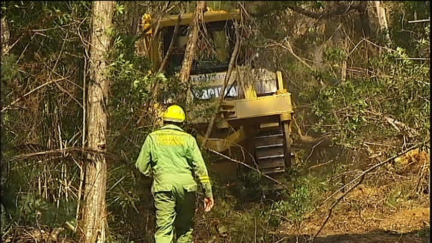 A bulldozer creates a fire break at the York Town fire.