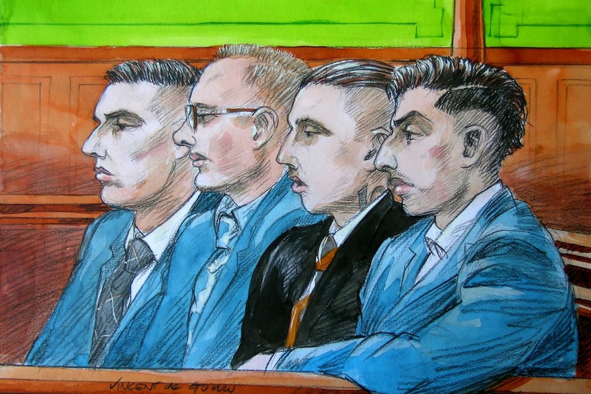 Court sketch of four men sitting in court.