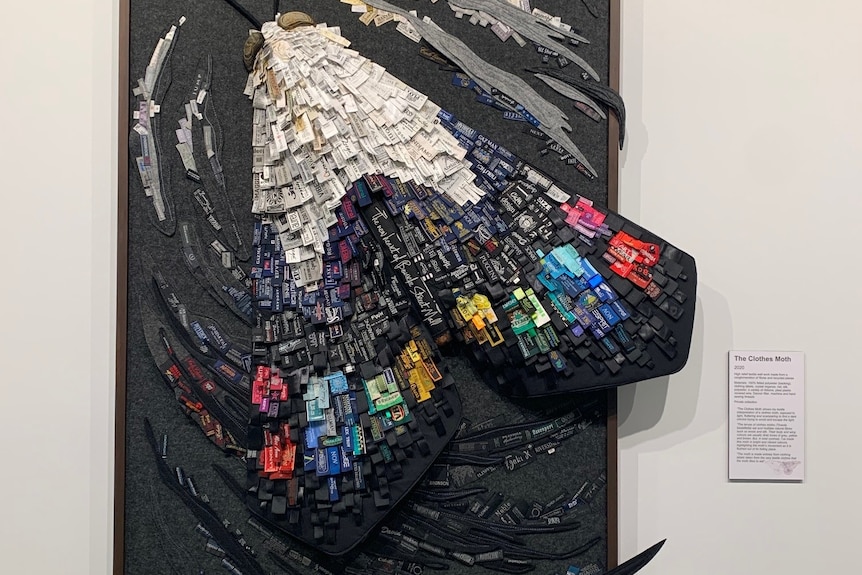 giant moth made of clothing labels