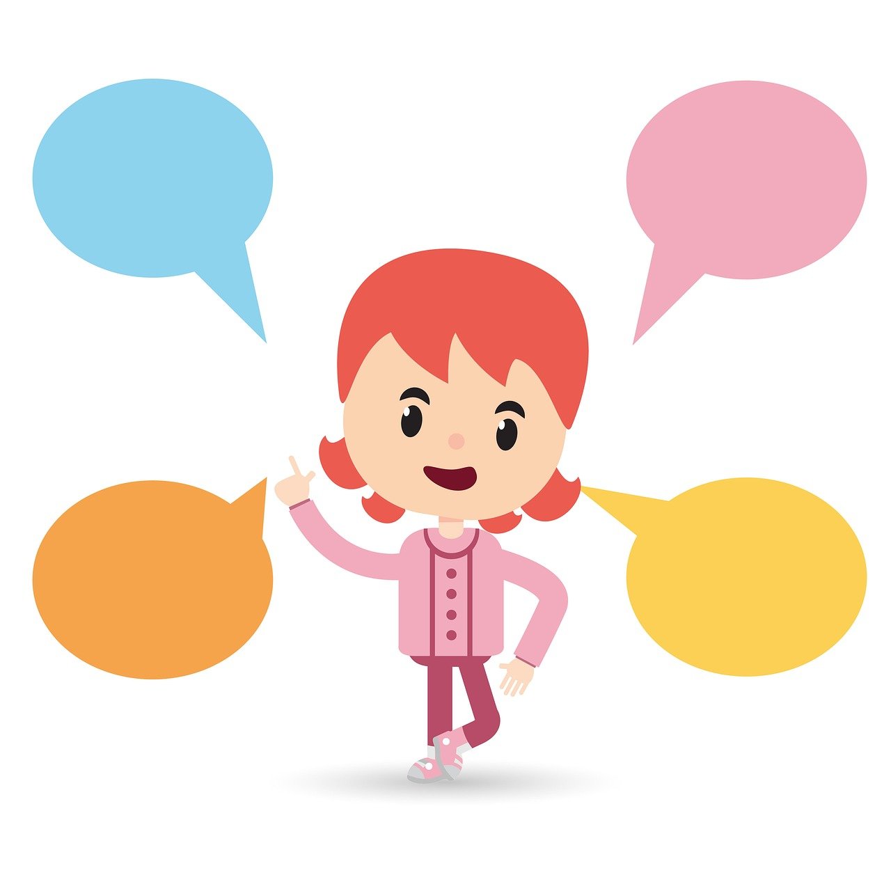 Illustration of a young child with talking bubbles in the air.