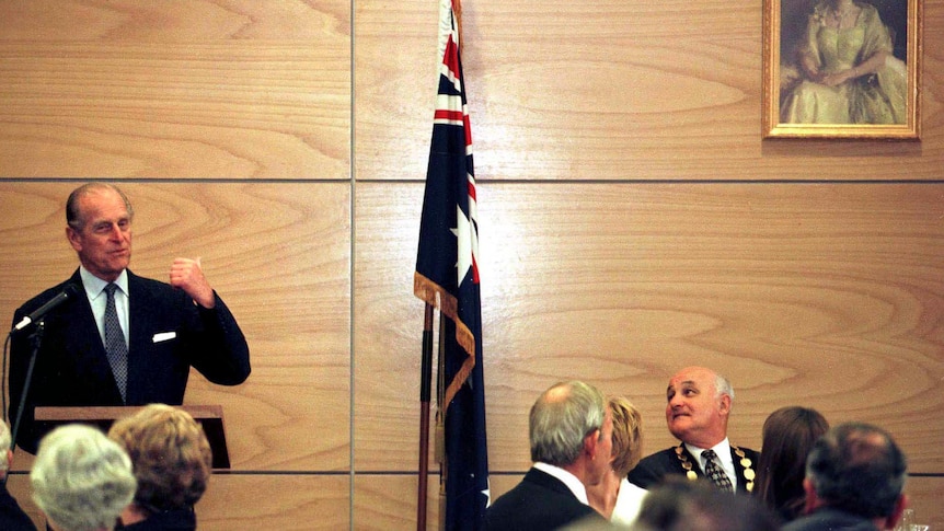 Prince Philip gives a speech during a civic reception during his tour of Wagga Wagga