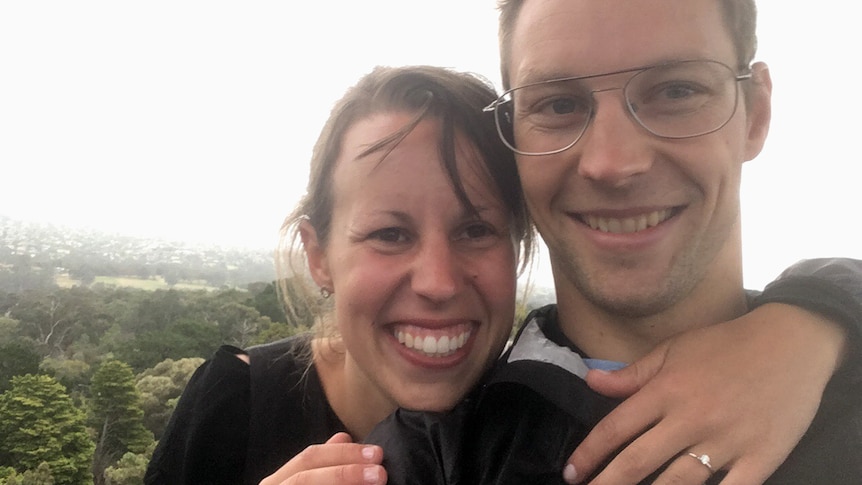 Brendan O'Loughlin and Emma Govan smile in a selfie taken during a hot air balloon flight.