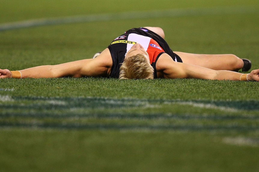 Nick Riewoldt from St Kilda after a contest in a match against the Western Bulldogs in Round 9, 2013.