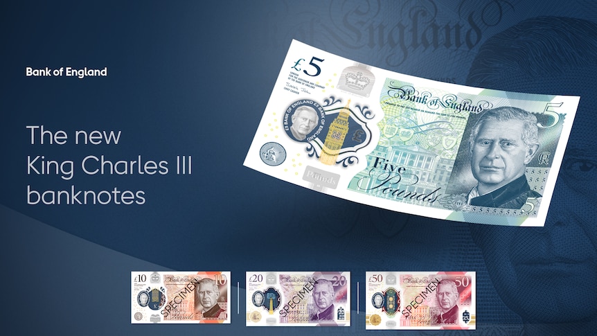 The five pound note featuring king charles is displayed over the 10, 20 and 50 pound notes. 