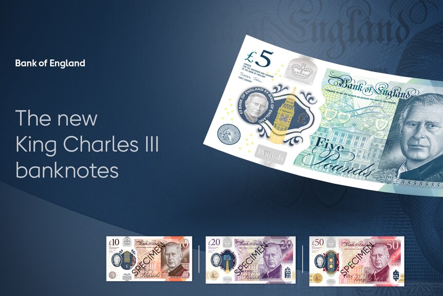 The five pound note featuring king charles is displayed over the 10, 20 and 50 pound notes. 