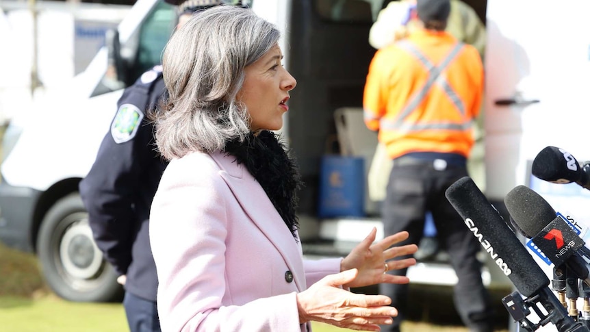 Dr Nicola Spurrier speaking into media microphones at a press conference while a man in the background gets tested for COVID-19