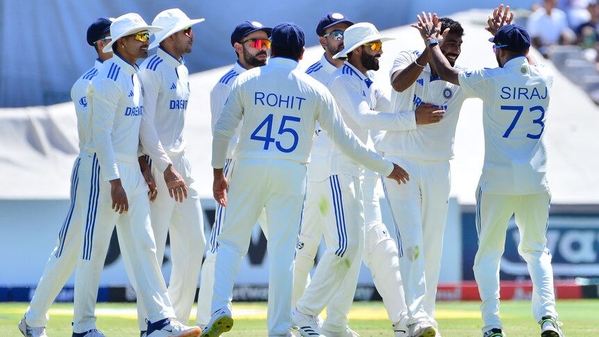 India players celebrate a wicket against South Africa.