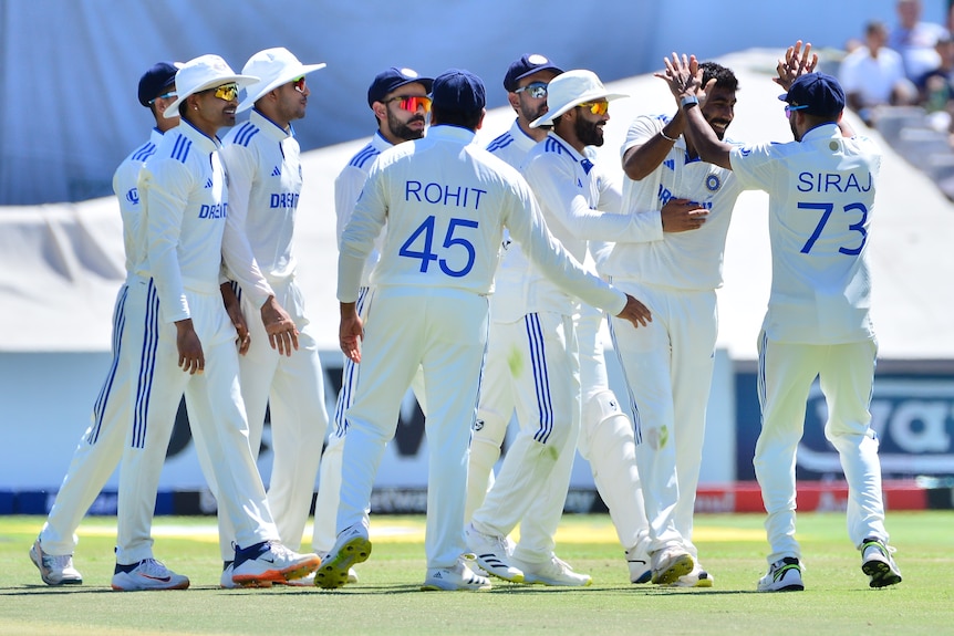 India players celebrate a wicket against South Africa.