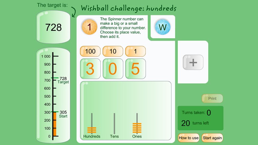 Screenshot of Wishballs game, text reads "Wishball: hundreds"