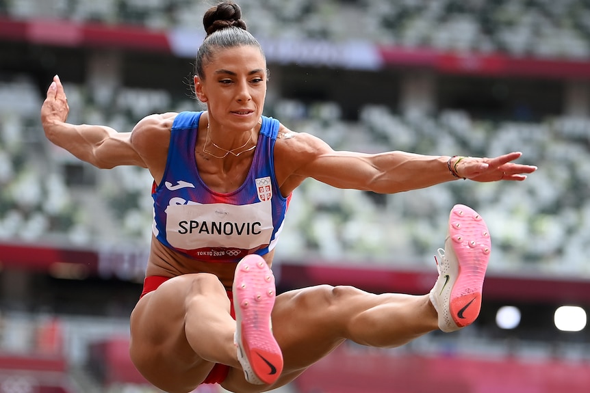 Ivana Španović competing at the Tokyo Olympics in 2021.