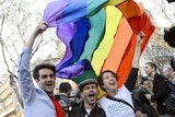 People celebrate after the French National Assembly adopted a bill legalising same-sex marriages.