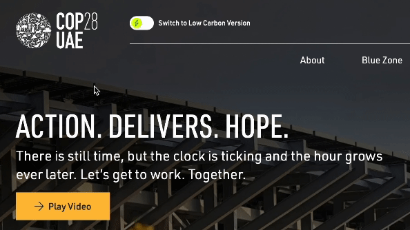 An animated gif showing a 'low carbon version' toggle being switched on at the top of a website