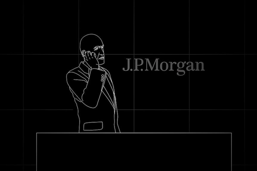 Black and white line drawing of man on phone showing side profile with JP Morgan logo in background.