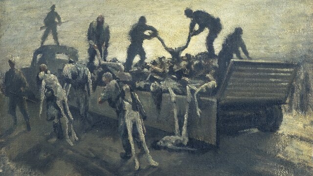 Alan Moore painting of SS guards burying dead, Belsen. 1947.