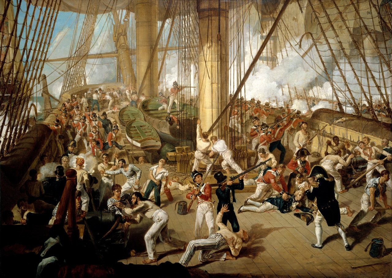 A painting showing a battle on the deck of a ship. In the bottom right, a man in an admiral hat and navy coat has been shot.