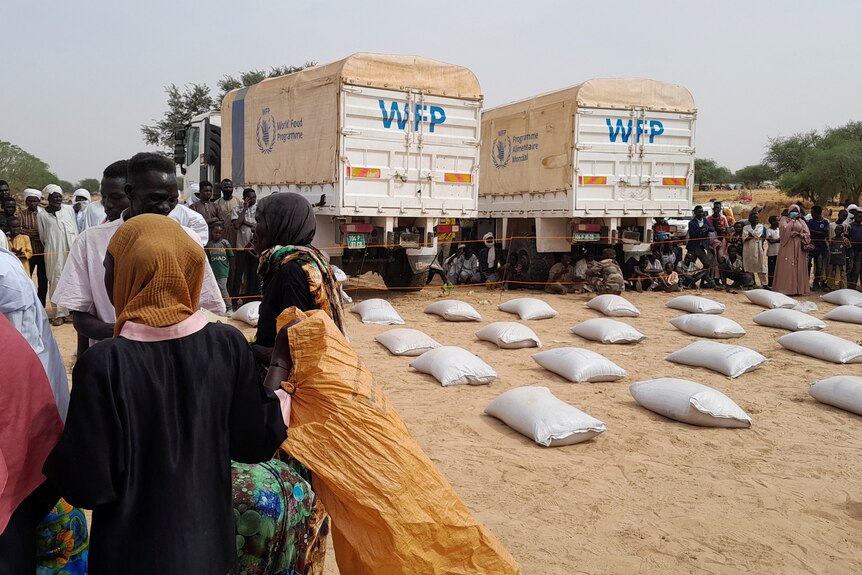 Sudanese refugees queue to receive aid from World Food Program trucks, bags of food laid out on ground.