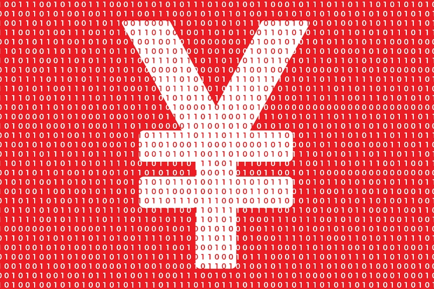 Chinese Yuan symbol on a red background with binary over the top.