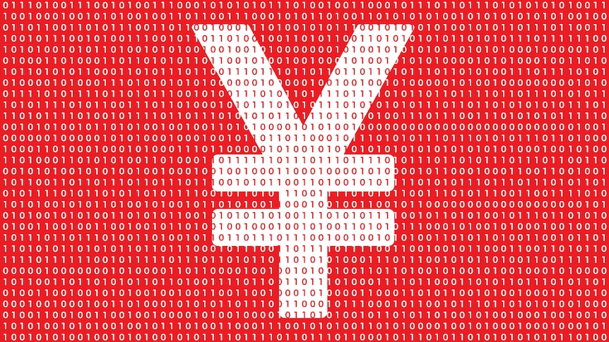 Chinese Yuan symbol on a red background with binary over the top.