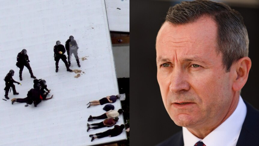 Riot police point tasers at detainees lying on a metal roof on one half of frame, other half is a WA Premier Mark McGowan.