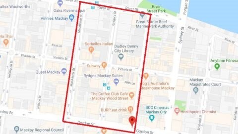 A map of the area in Mackay locked down by police