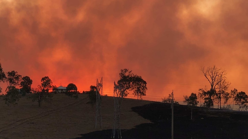 Smoke billows in a red sky with a paddock, trees, a house and powerlines silhouetted against the red of the sky.