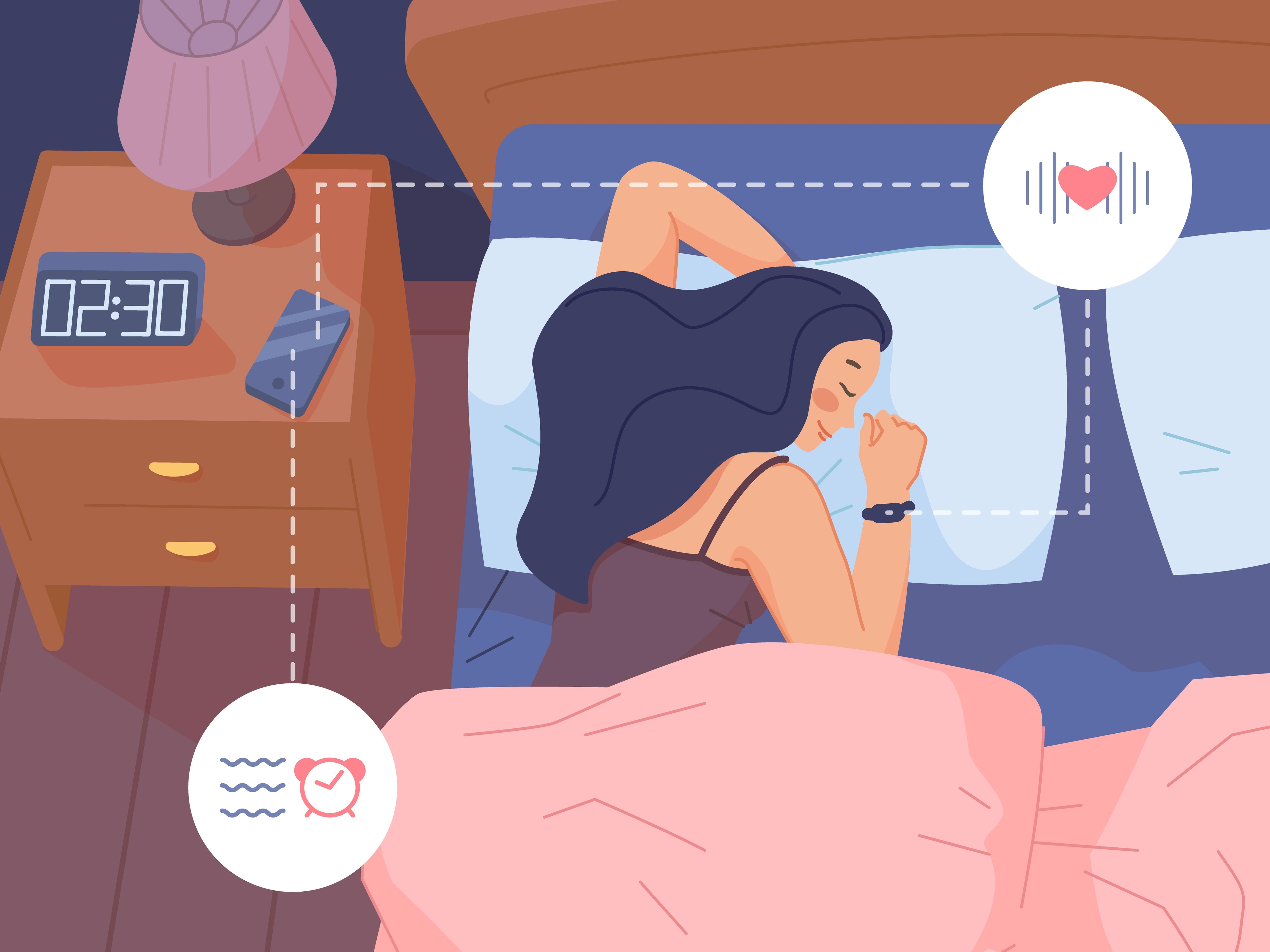 An illustration of a woman lying in bed with a sleep tracker on her wrist