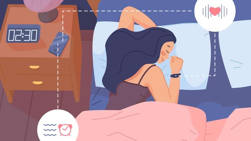 An illustration of a woman lying in bed with a sleep tracker on her wrist