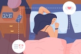 An illustration of a woman lying in bed with a sleep tracker on her wrist