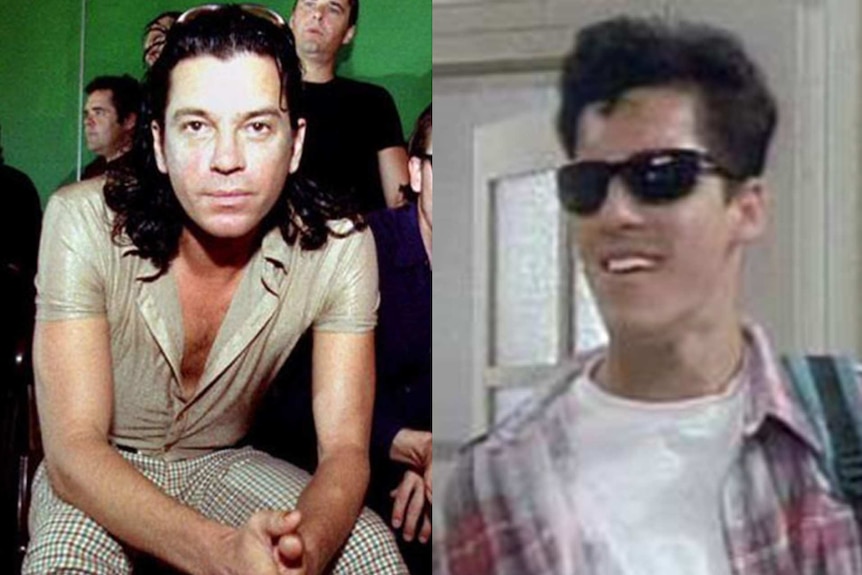 Composite image of Michael Hutchence and Nick from Heartbreak High in the 1990s wearing check clothing