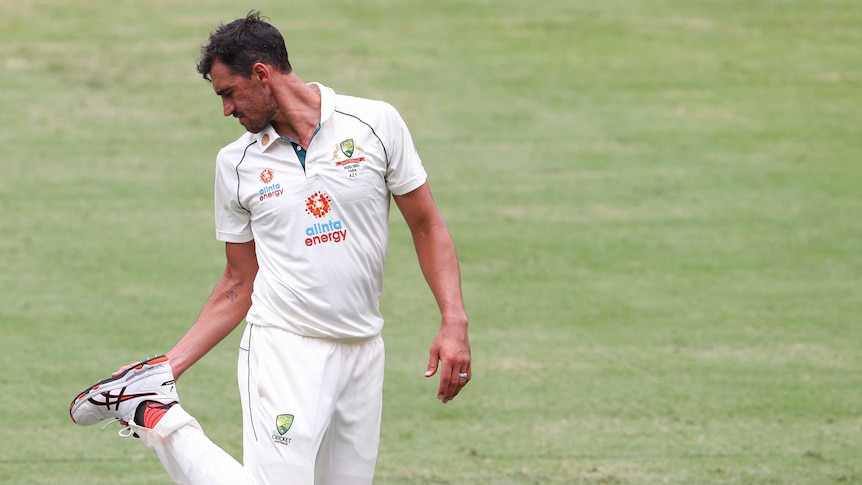 Mitchell Starc looks back at the bottom of his shoe, wearing white cricket clothes