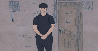 An illustrated image of a person inside a prison cell.