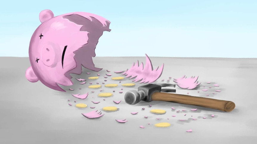 Illustration of a smashed piggy bank leaking coins, with a hammer in the foreground.