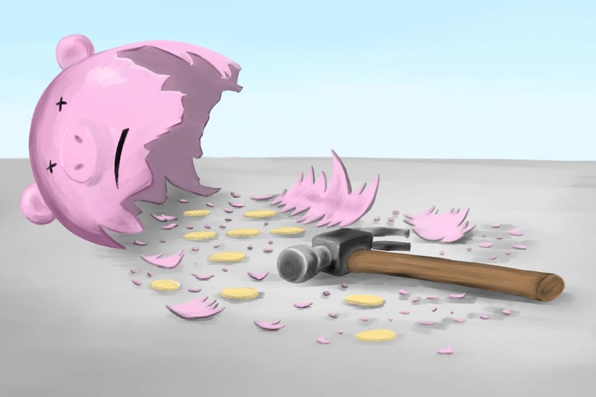 Illustration of a smashed piggy bank leaking coins, with a hammer in the foreground.