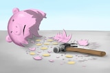 Illustration of a smashed piggy bank leaking coins, with a hammer in the foreground.