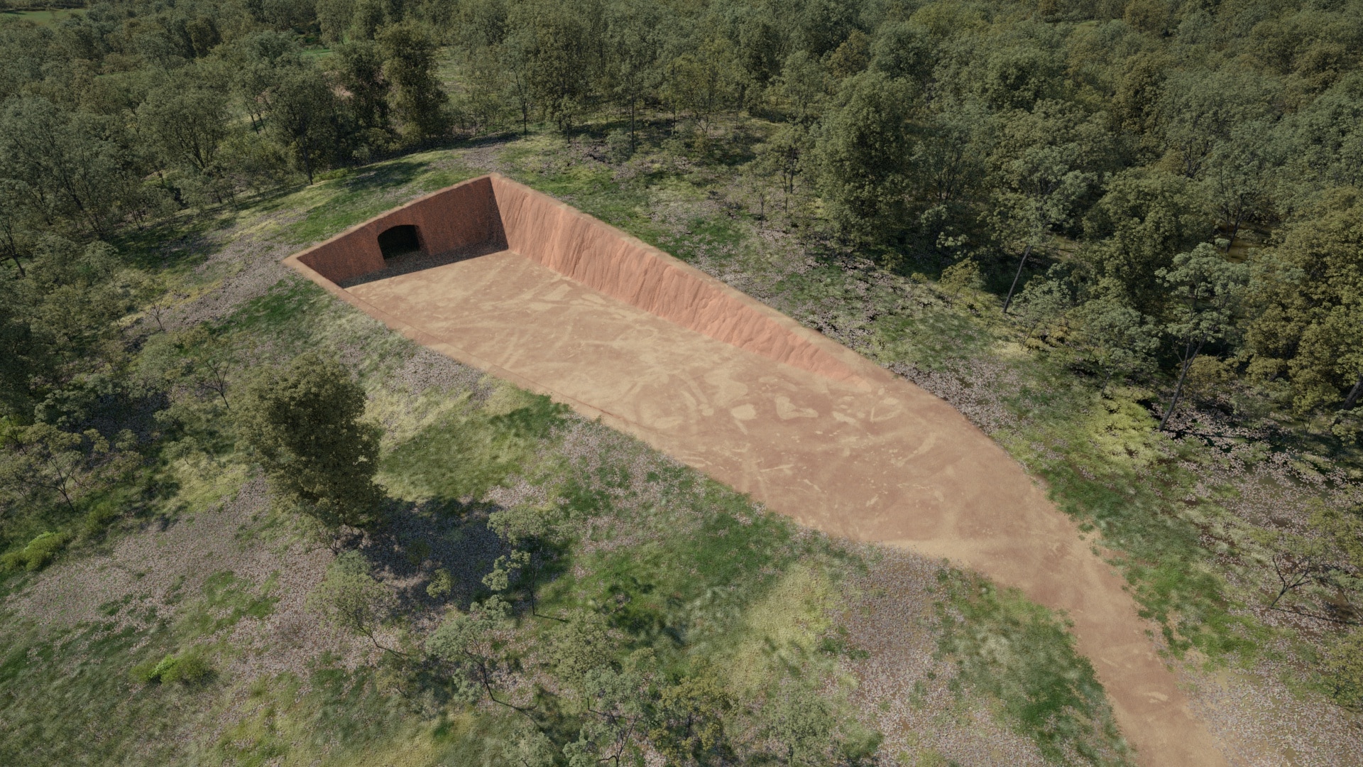 Una imagen digital de un túnel cortado en un prado de caballos con árboles.