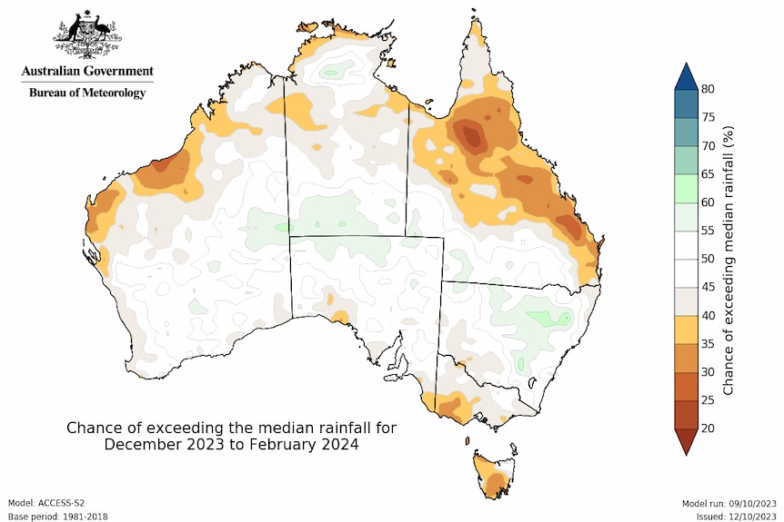 A map of Australia showing where rain is expected to fall between December and February