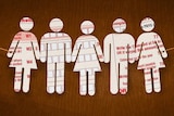 A graphic of male and female characters against a wooden background.