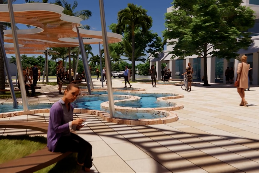 A woman sitting on a bench in a development plan
