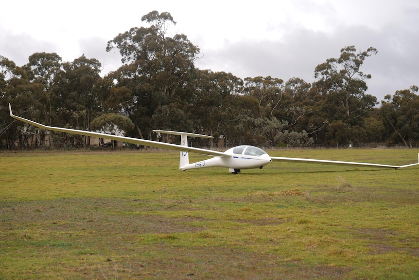 A small white plane sits on grass.