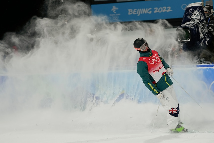 Australian skier Matt Graham kicks up a snowspray as he competes at the Winter Olympics in China, February 3, 2022.