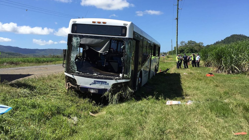 Wreck of bus at scene of crash at Cannonvale, near Airlie Beach in north Queensland.