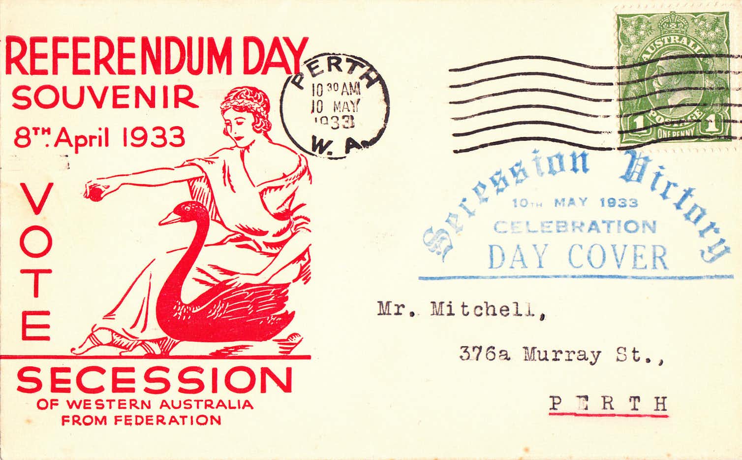 A WA 'Referendum Day' souvenir postcard dated 8th April 1933, coloured in yellow and red